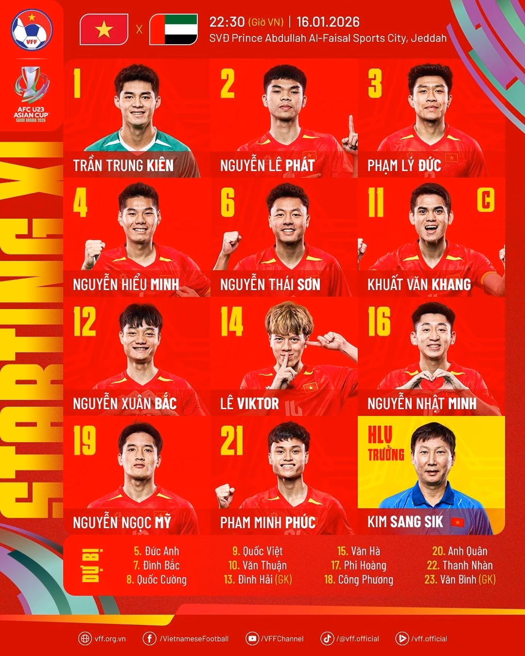 Đội h&igrave;nh ra s&acirc;n của U23 Việt Nam trong trận tứ kết VCK U23 ch&acirc;u &Aacute; 2026
