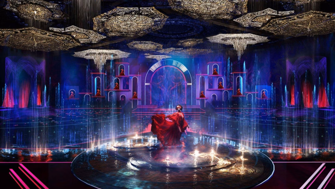 Kh&ocirc;ng gian dinner show với s&acirc;n khấu tr&igrave;nh diễn đa tầng, kết hợp &aacute;nh nhạc v&agrave; &aacute;nh s&aacute;ng d&agrave;n dựng ấn tượng.