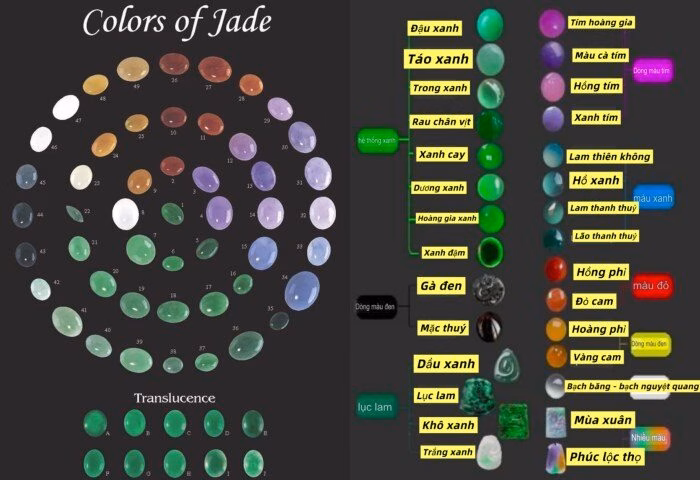 Bảng m&agrave;u phong ph&uacute; của ngọc phỉ th&uacute;y tự nhi&ecirc;n từ xanh lục đến đa sắc.